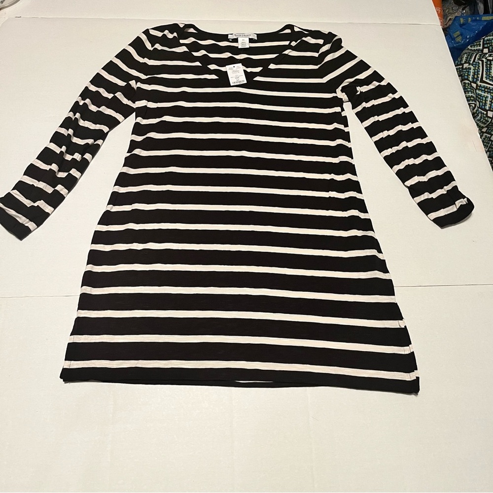 White House Black Market Women XS Black White Peach Stripe Tunic Shirt Dress NEW